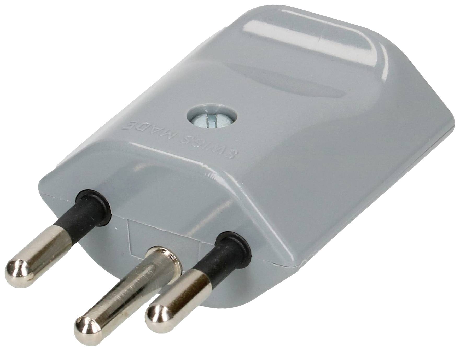 Une fiche d'adaptation euro grise avec trois broches métalliques rondes, utilisée pour les connexions électriques en Europe.