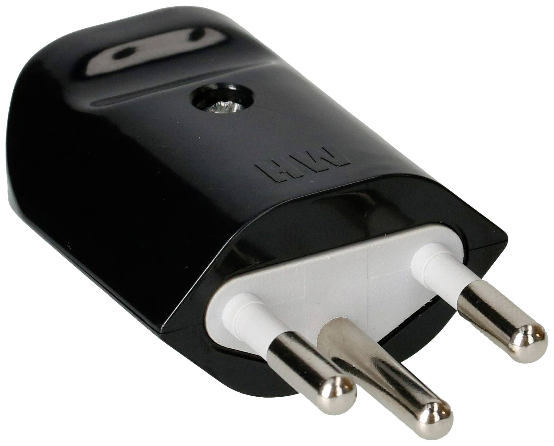 Adaptateur Schuko noir avec deux broches métalliques rondes et une terre, adapté aux prises électriques européennes.