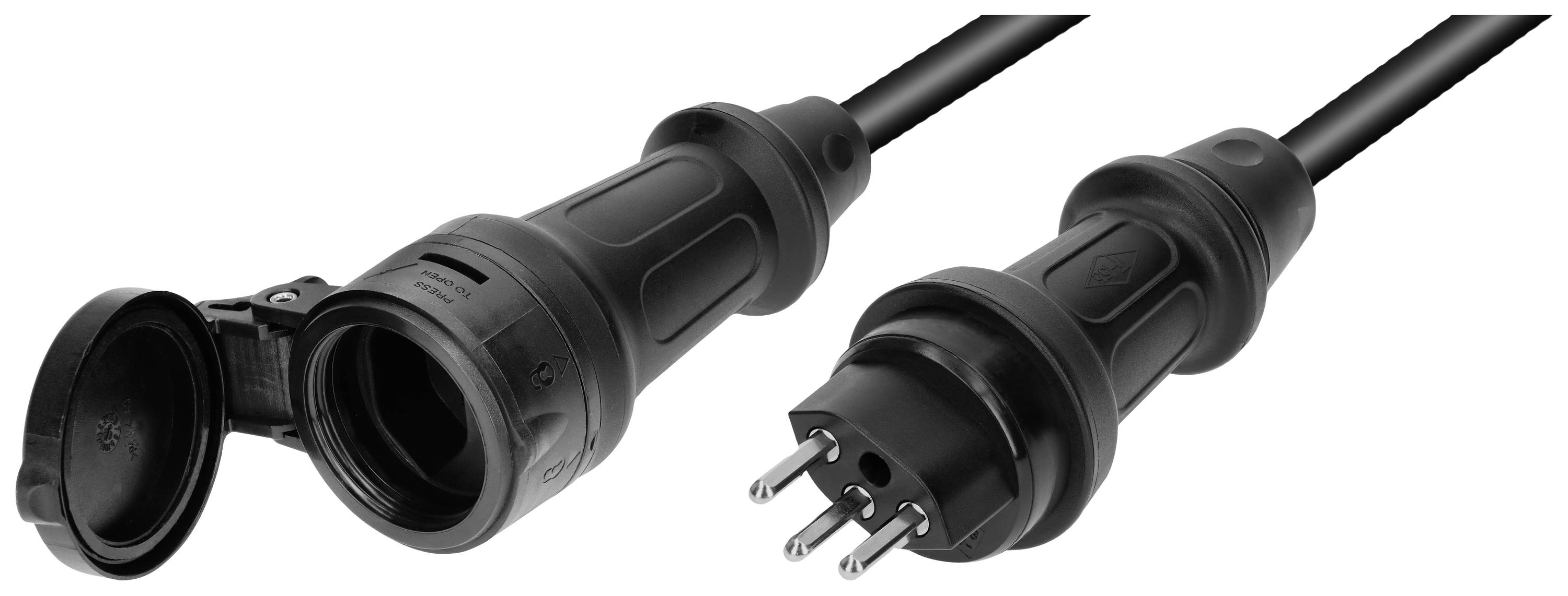 Fiche CEE noire avec sa prise correspondante, illustrant les possibilités de connexion pour des applications électriques industrielles.