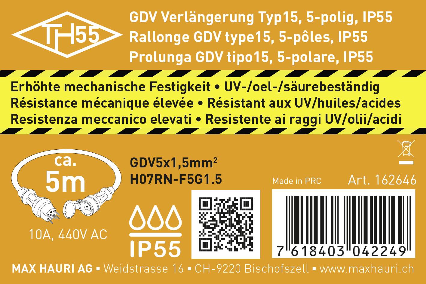 Étiquette pour rallonge de type 15 : 5 pôles, IP55, longueur environ 5 m, type de câble H07RN-F5G1.5, 10 A, 440 V AC, numéro d'article 162646.