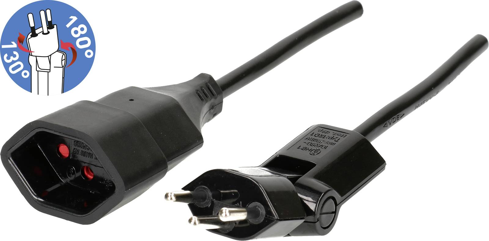 Câble réseau noir-noir avec une fiche C13 et une fiche Schuko, adapté aux prises électriques européennes, en gros plan.