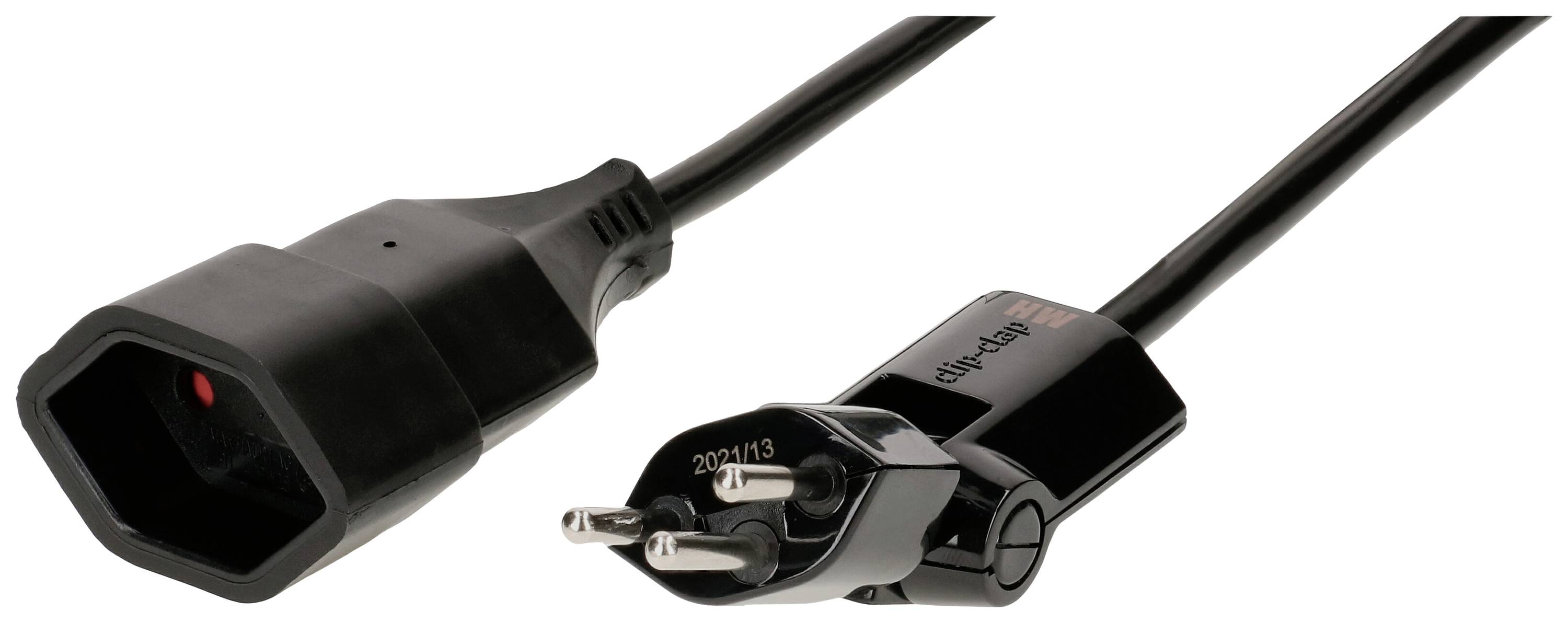 Un câble réseau noir montre une fiche Schuko et un connecteur femelle IEC C13, couramment utilisés en Europe pour l'alimentation électrique des appareils.