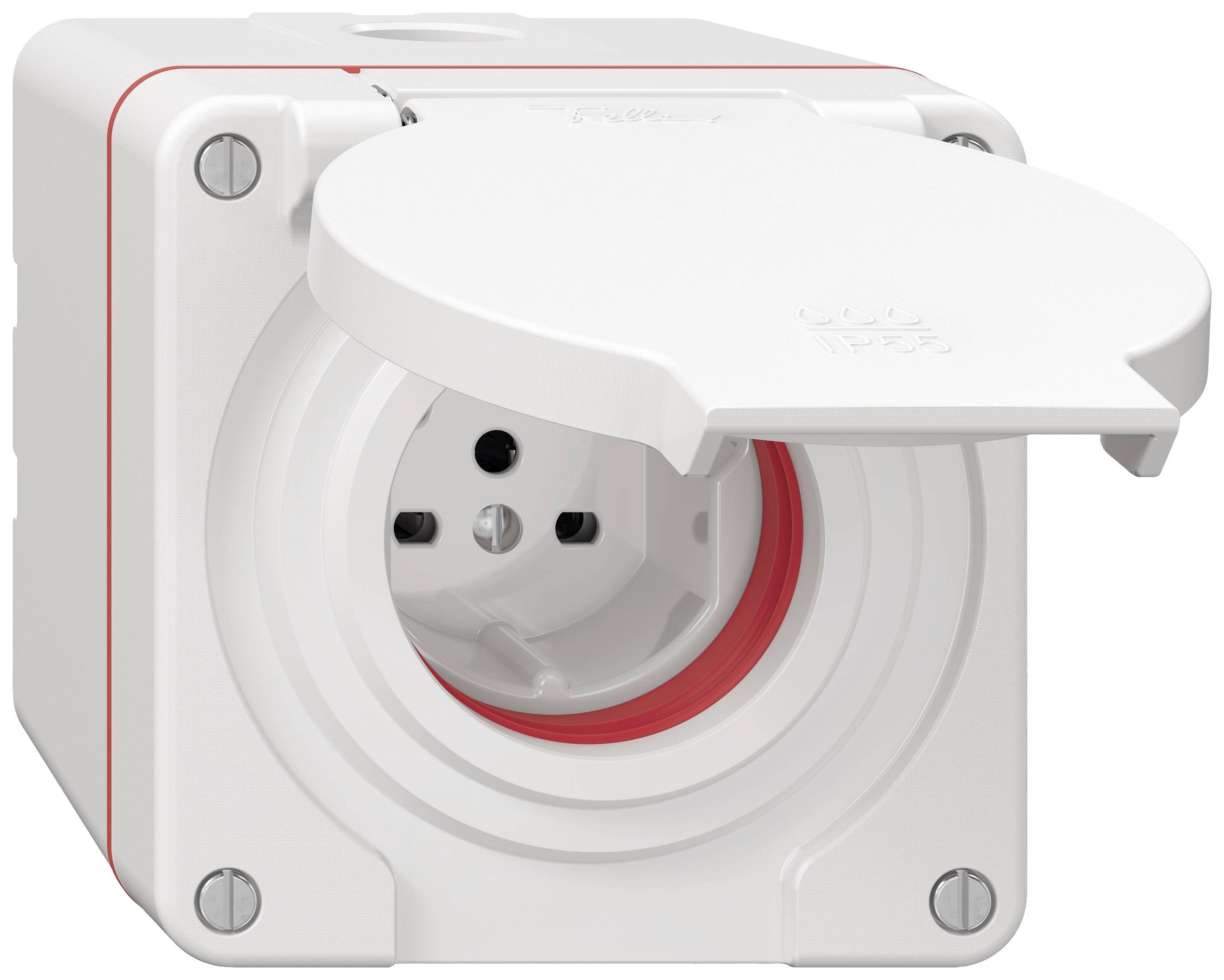 Prise électrique extérieure avec boîtier blanc, joints d'étanchéité rouges et couvercle rabattable, adaptée à une utilisation protégée contre les intempéries.