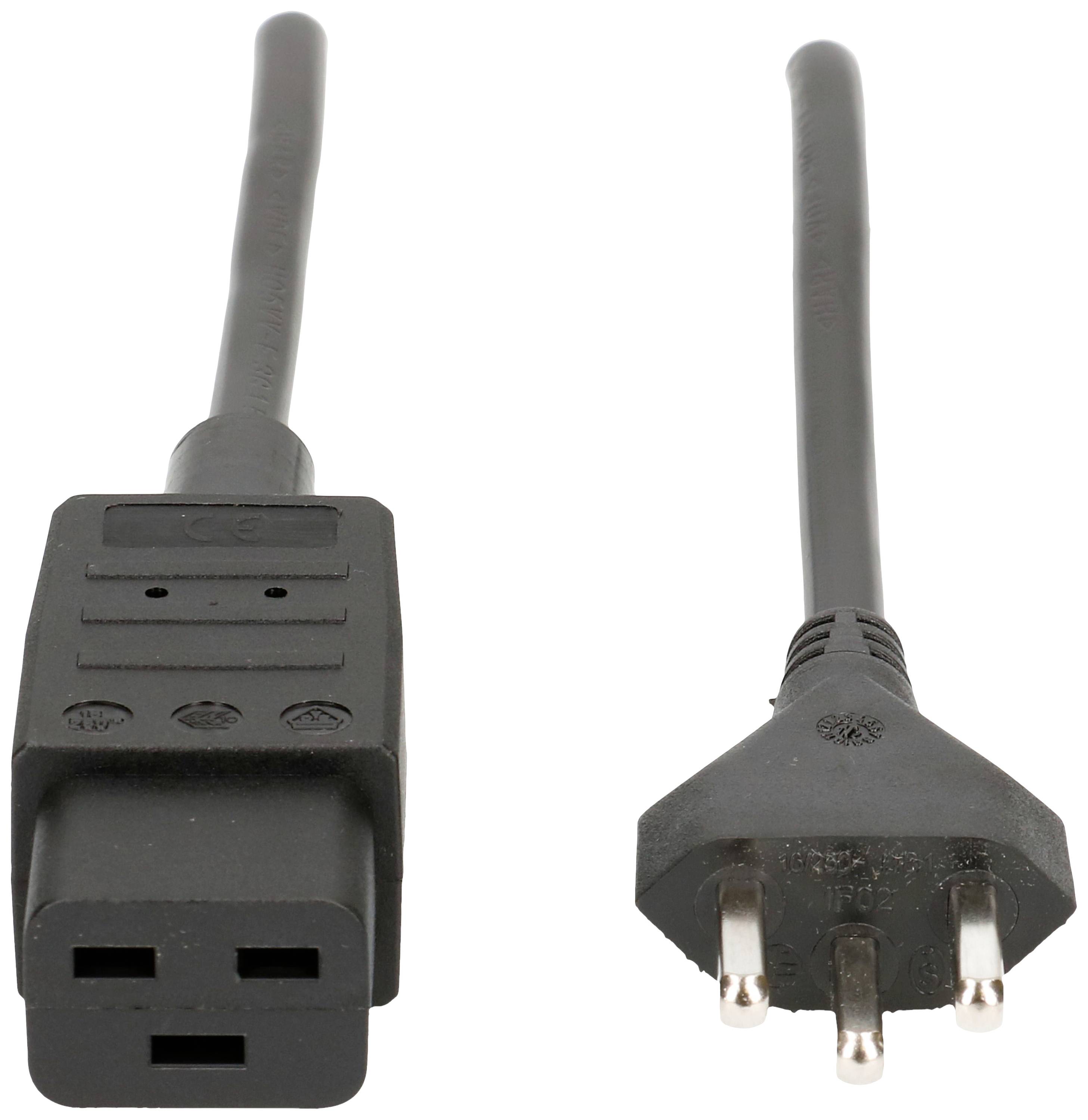 'Illustration de deux fiches électriques noires, à gauche une fiche tripolaire C13 et à droite une fiche tripolaire Schuko.'