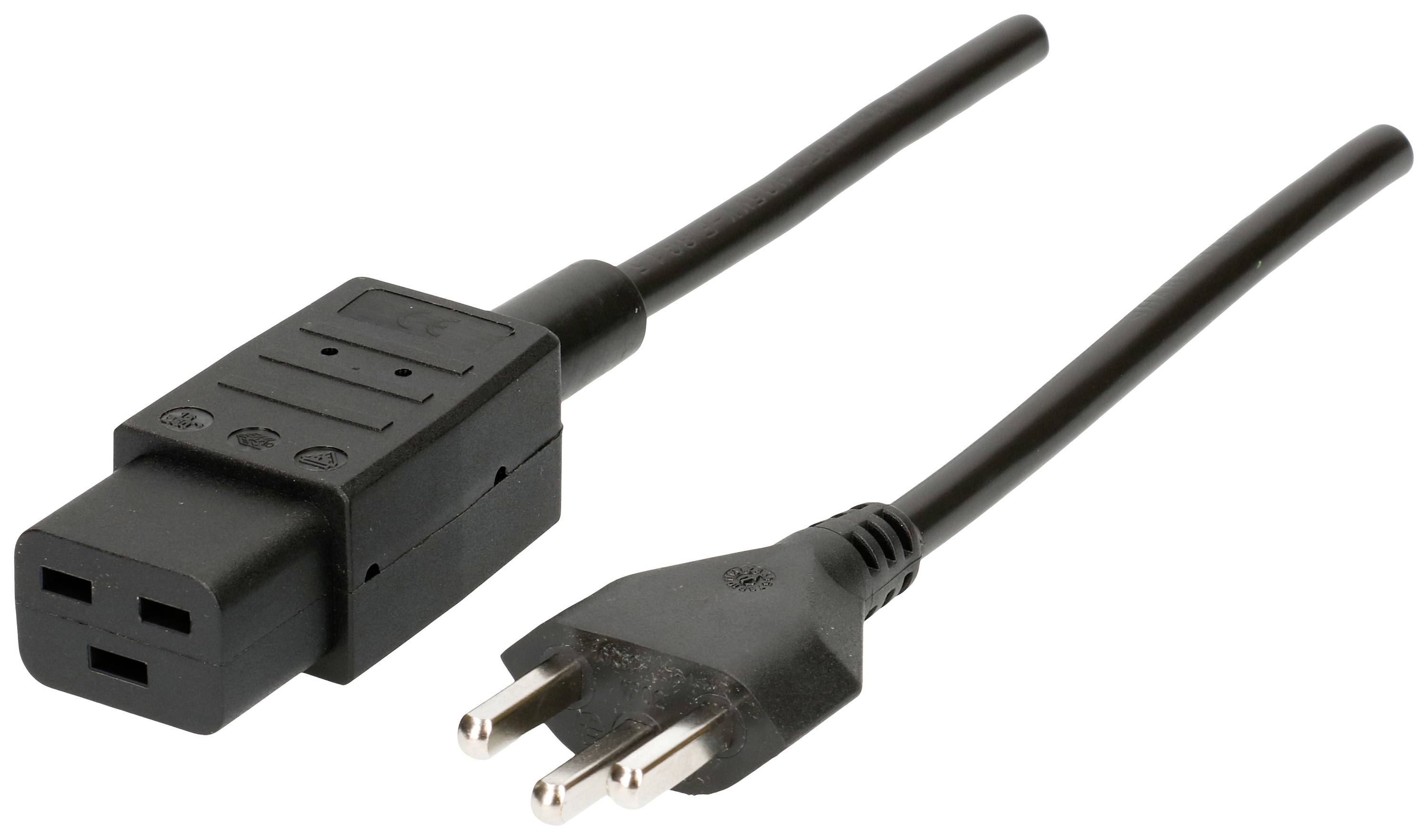 'Câble de connexion noir avec prise femelle C13 et fiche Schuko. Adapté à l'alimentation électrique des ordinateurs et des appareils électriques.'