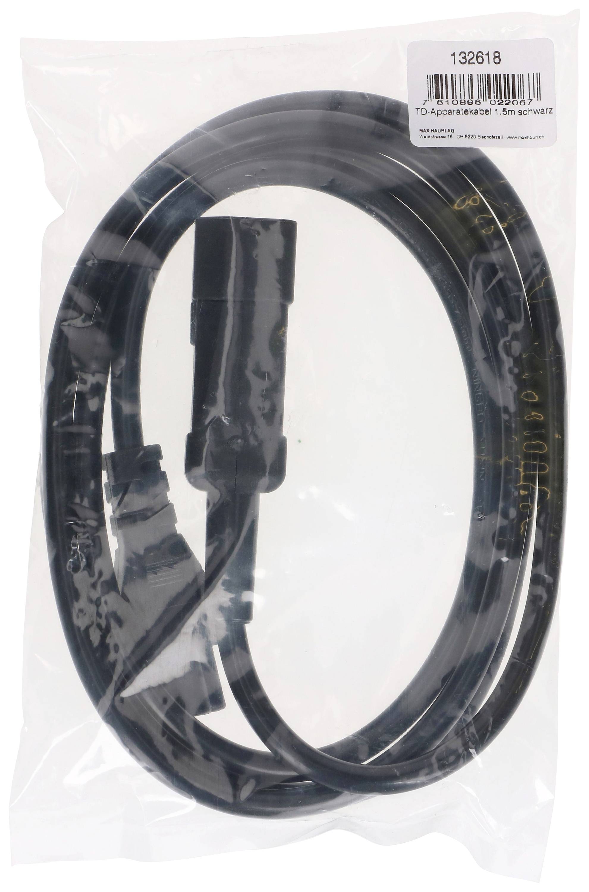 Un câble emballé en noir dans un sac en plastique transparent, avec une étiquette de code-barres et de numéro d'article en haut à droite.