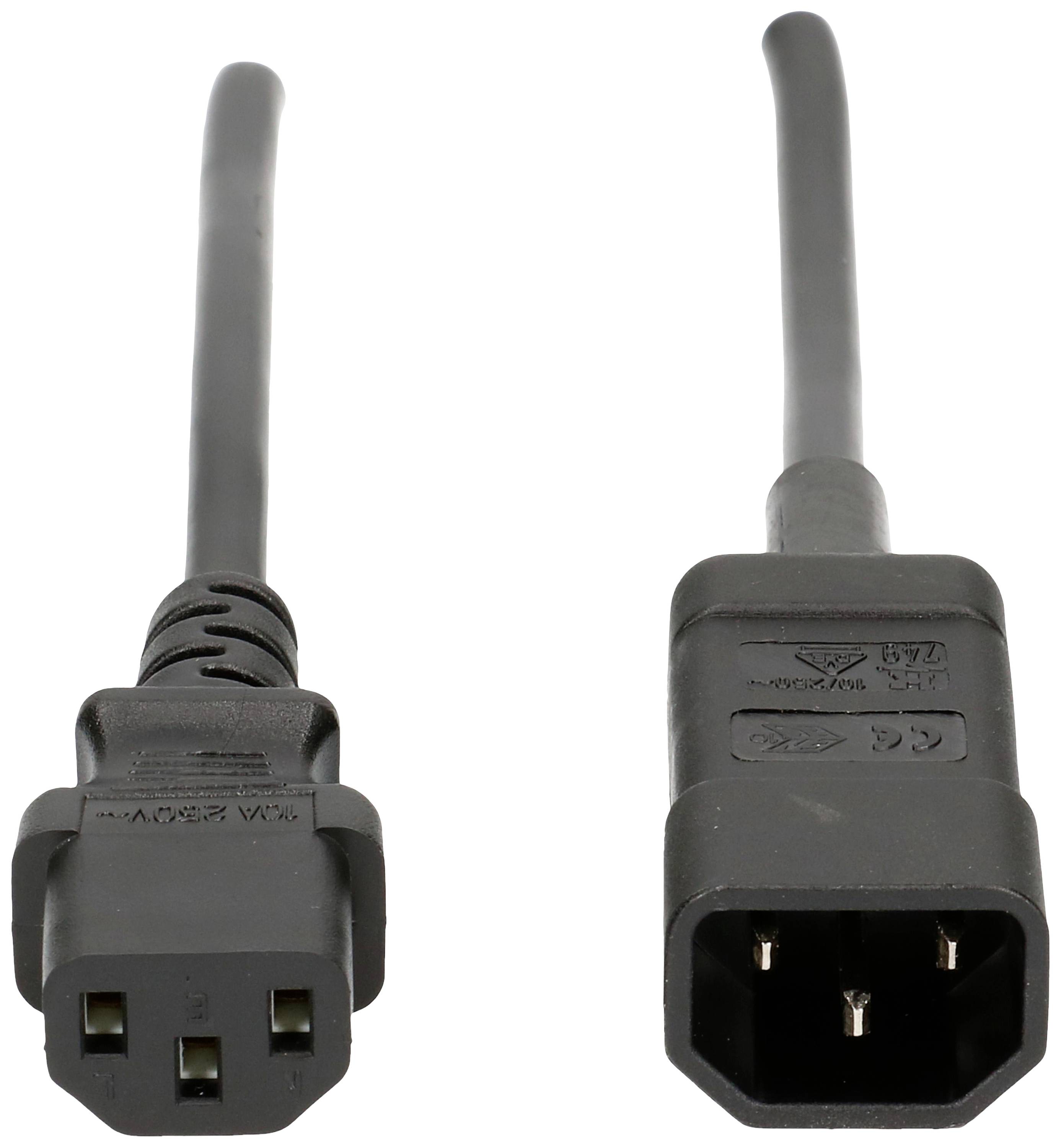 Illustration de deux fiches électriques noires : à gauche une fiche femelle IEC C13 avec trois broches, à droite une fiche mâle IEC C14 avec trois broches.