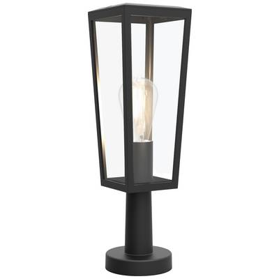 Une lampe extérieure moderne avec un design en verre rectangulaire et une ampoule visible, montée sur un socle rond.