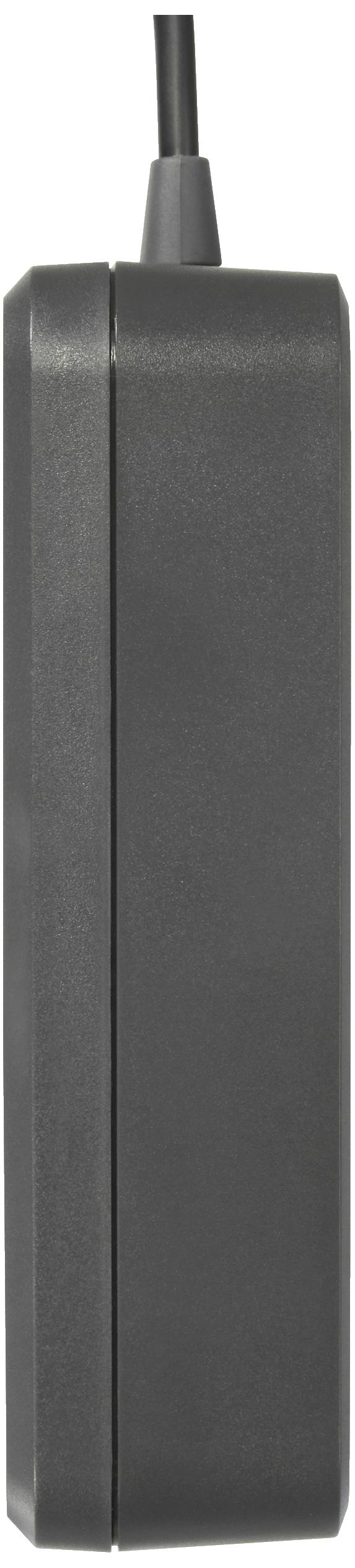 Un chargeur noir et rectangulaire avec un câble sur le dessus, présenté verticalement.