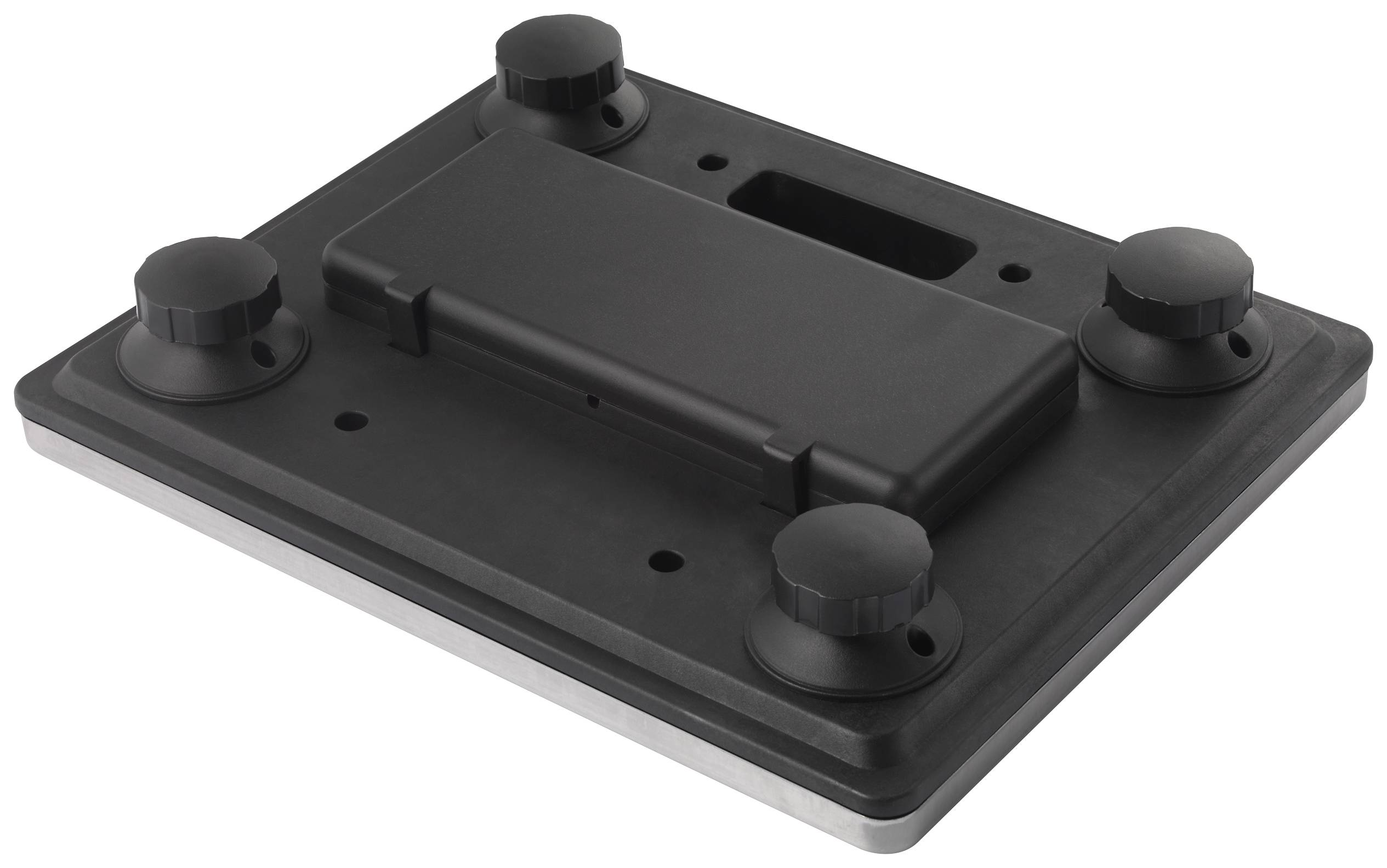 Un support noir rectangulaire avec quatre boutons de réglage ronds aux coins. Il présente une ouverture carrée au centre.