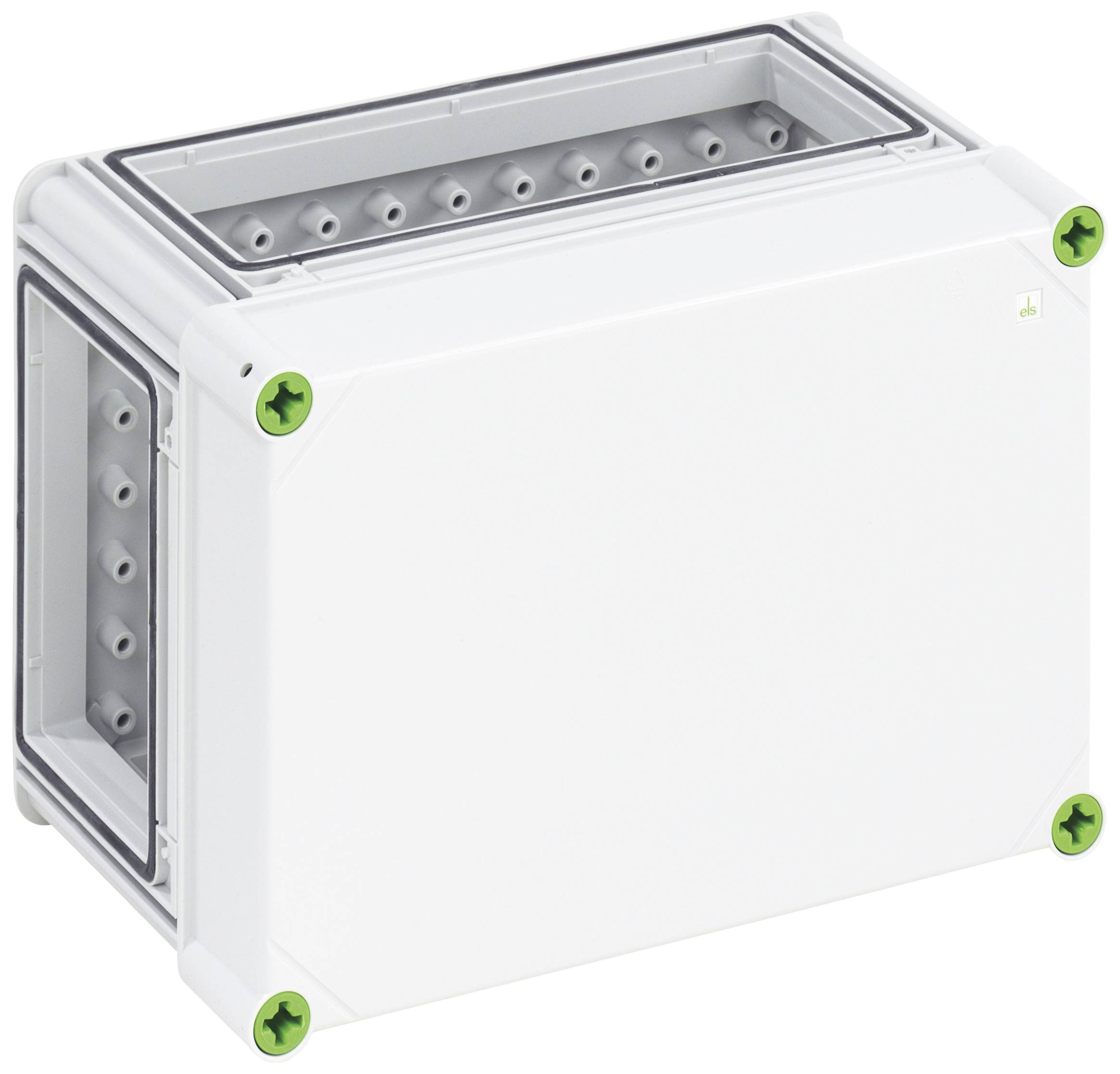 Boîtier rectangulaire en plastique blanc avec des vis vertes aux coins, adapté pour protéger les installations électriques.