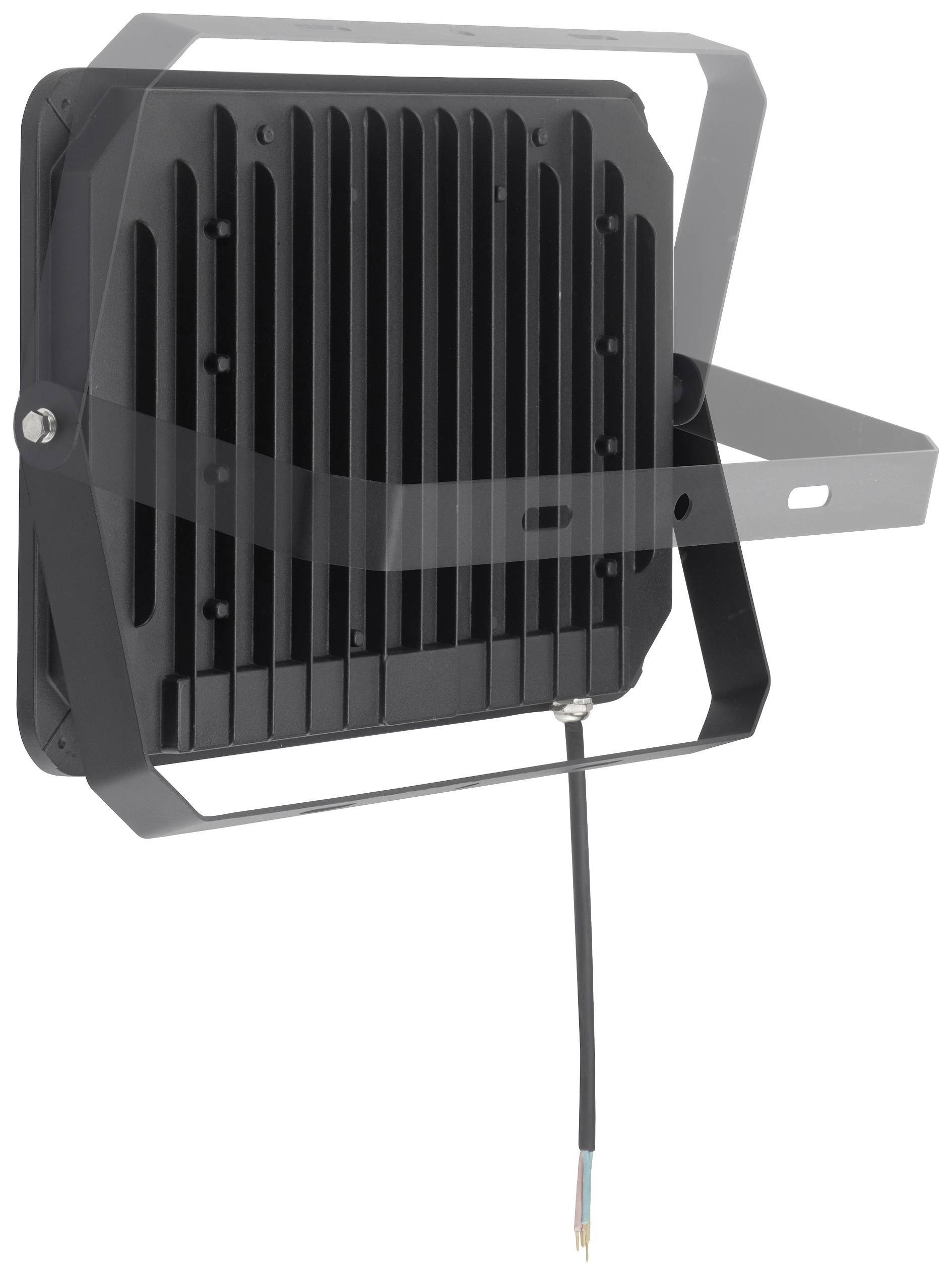 Projecteur LED rectangulaire noir pour éclairage extérieur, monté sur un support, avec un câble électrique apparent et des ailettes de refroidissement.