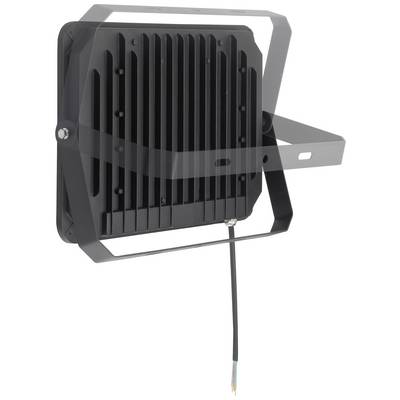 Projecteur LED rectangulaire noir pour éclairage extérieur, monté sur un support, avec un câble électrique apparent et des ailettes de refroidissement.
