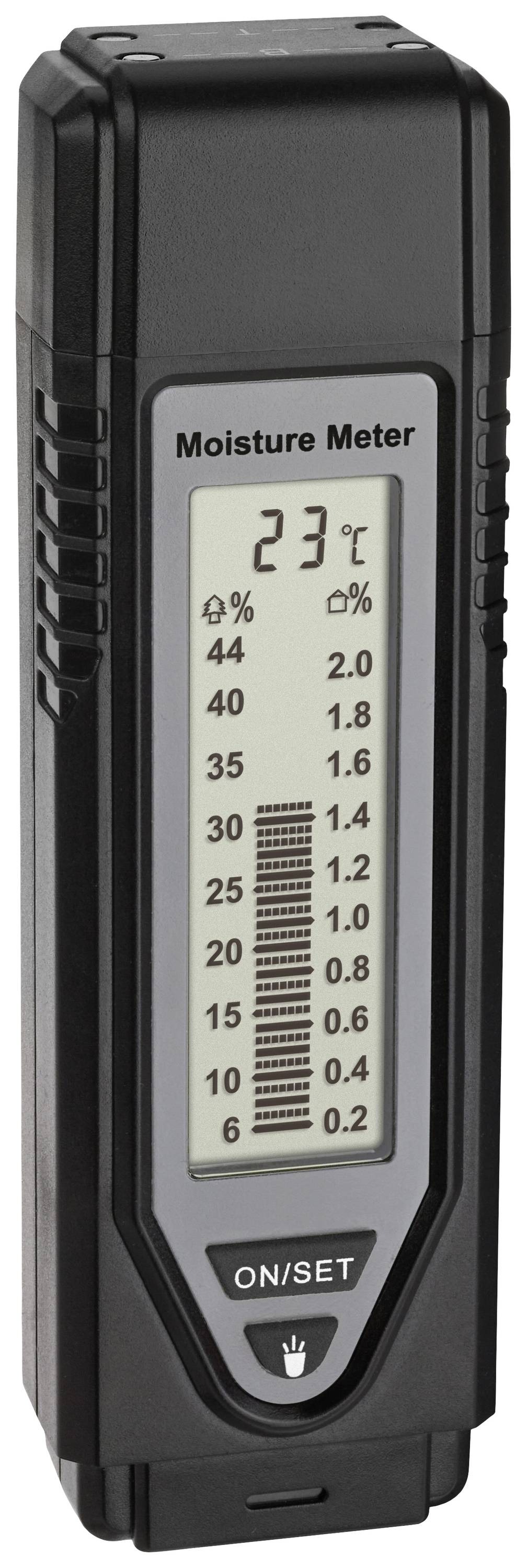 Hygromètre numérique. Affiche 23 degrés Celsius et différents pourcentages. Bouton Marche/Arrêt en bas.