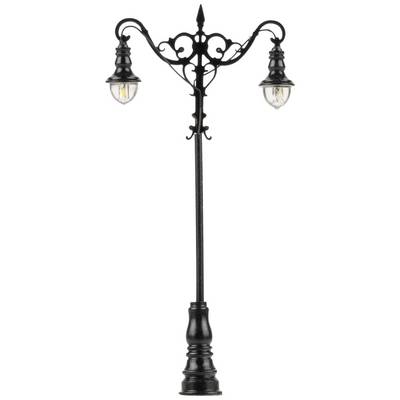 Un lampadaire noir décoratif à deux lanternes suspendues, conçu dans un style classique.