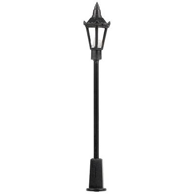 Lampadaire noir de style antique avec quatre vitres et des détails décoratifs sur le sommet.