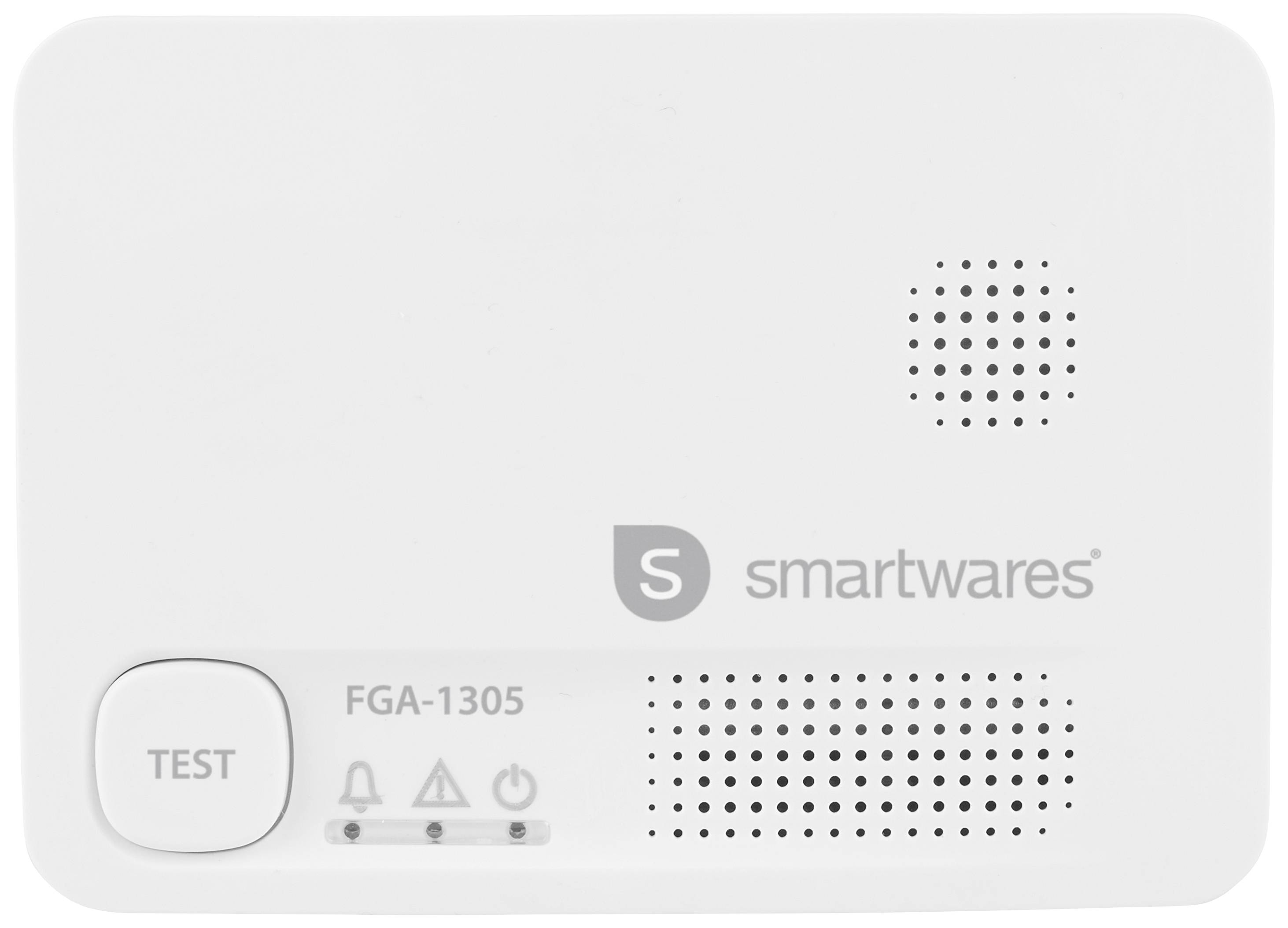 Un détecteur de gaz de la marque Smartwares, modèle FGA-1305, doté d'un bouton de test et de voyants LED indiquant l'état de fonctionnement et les alertes.