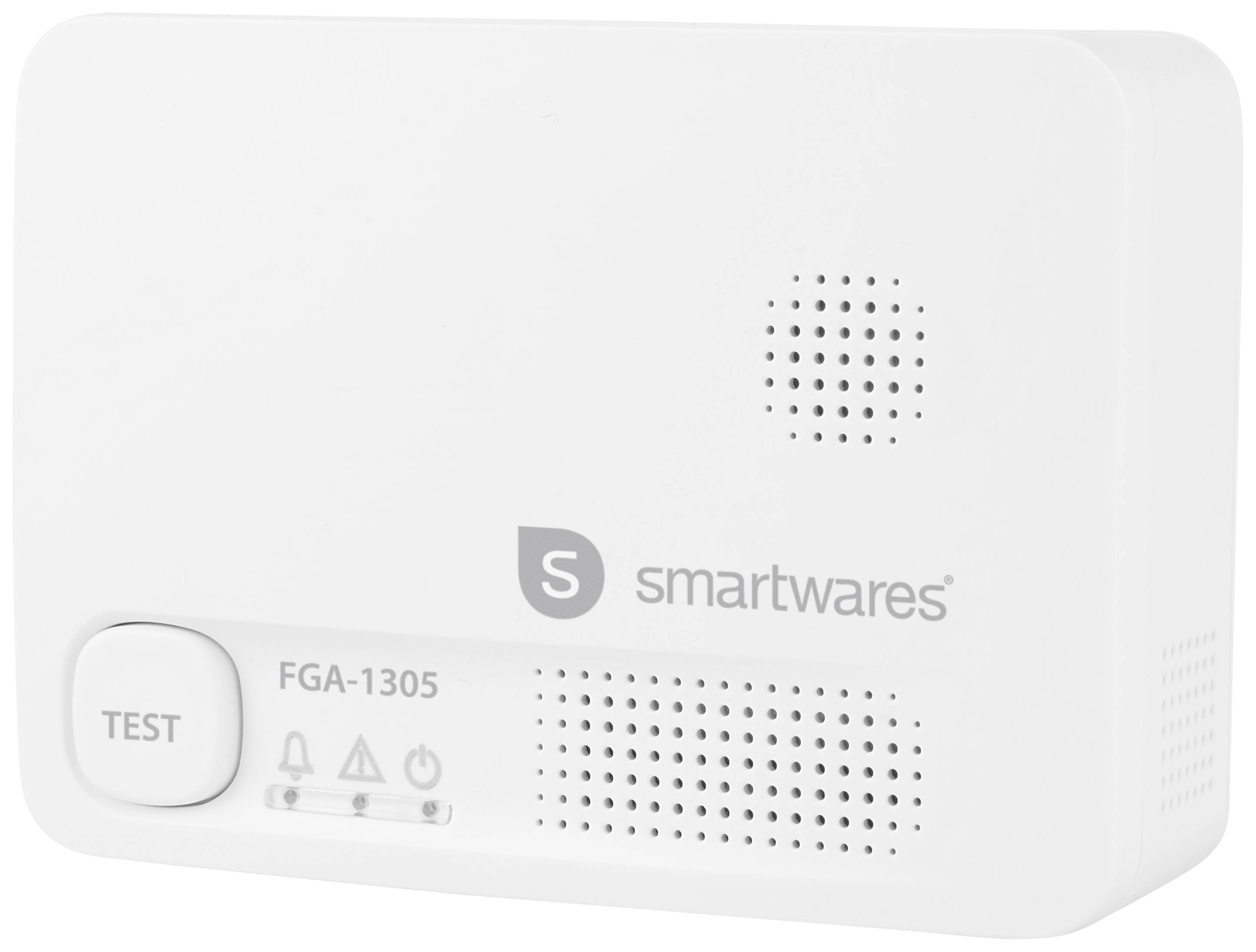 Détecteur de gaz avec bouton de test, modèle FGA-1305, marque Smartwares. Appareil blanc pour détecter les fuites de gaz.