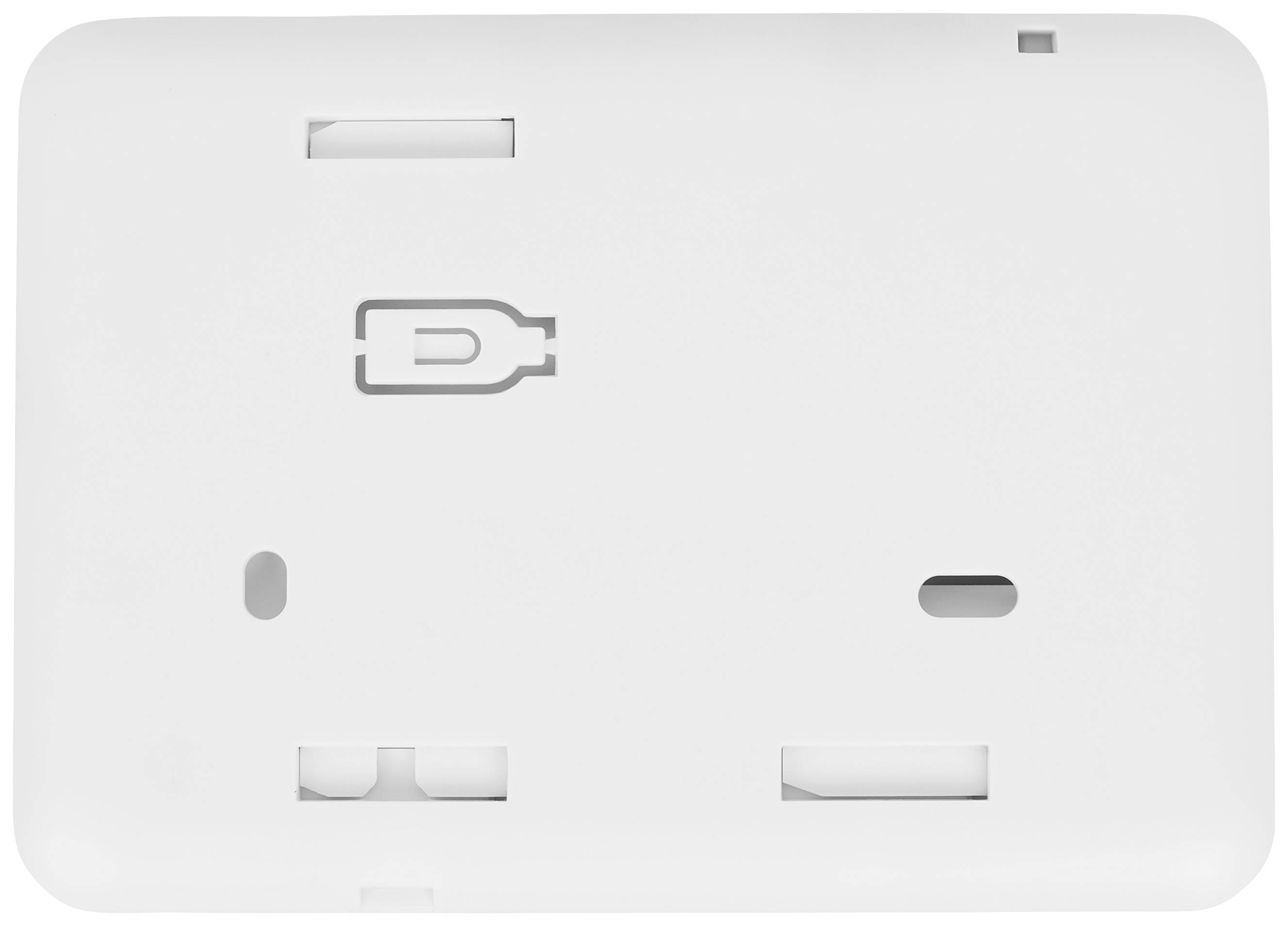 Couvercle en plastique blanc avec un symbole USB au centre et plusieurs fentes et ouvertures.
