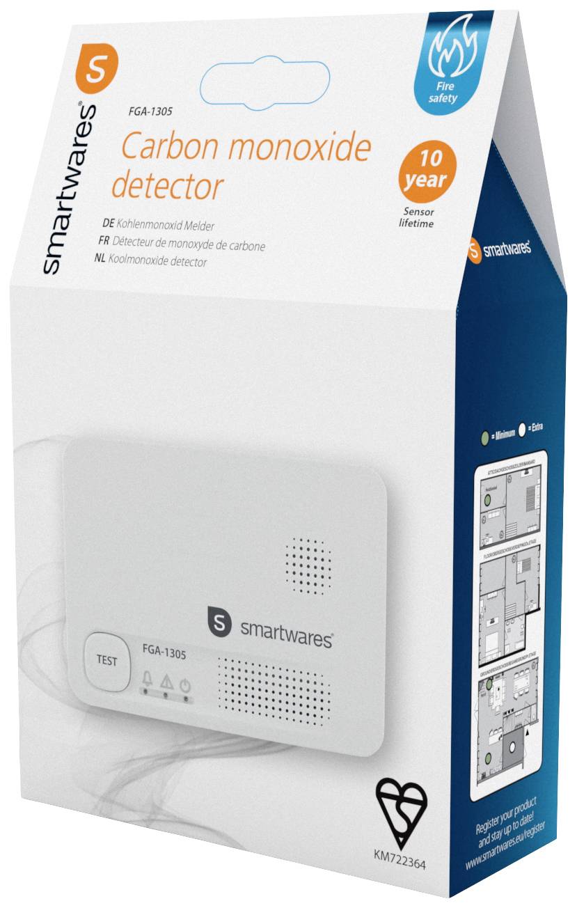 Détecteur de monoxyde de carbone de Smartwares, modèle FGA-1305, avec une durée de vie du capteur de 10 ans. L'emballage présente l'appareil et les étapes de montage.