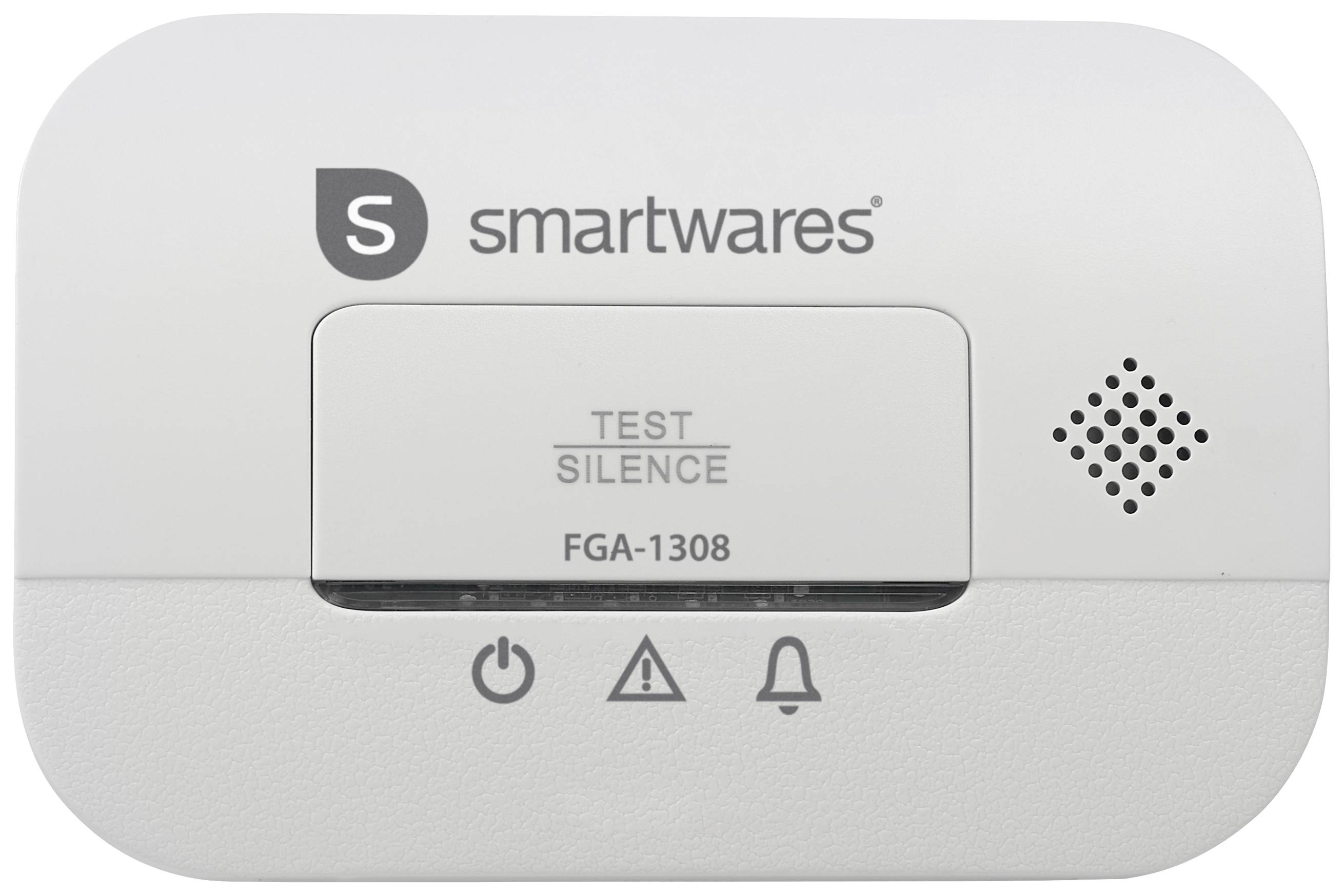 Un détecteur de fumée de Smartwares, modèle FGA-1308, avec des boutons pour 'Test' et 'Silence', ainsi que des symboles de mise en marche/arrêt et d'avertissement.