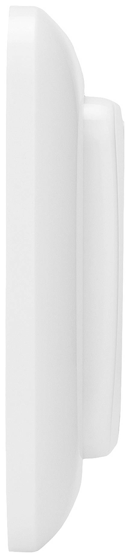 Vue latérale d'un appareil blanc rectangulaire aux angles arrondis. Probablement un dispositif électronique tel qu'un détecteur de fumée.