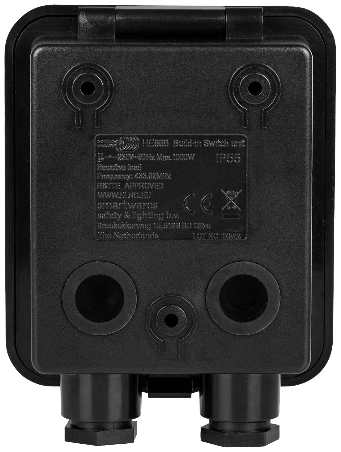 Boîte électrique noire avec protection IP55, deux ouvertures filetées en bas, adaptée aux installations extérieures, marquée avec des spécifications techniques.