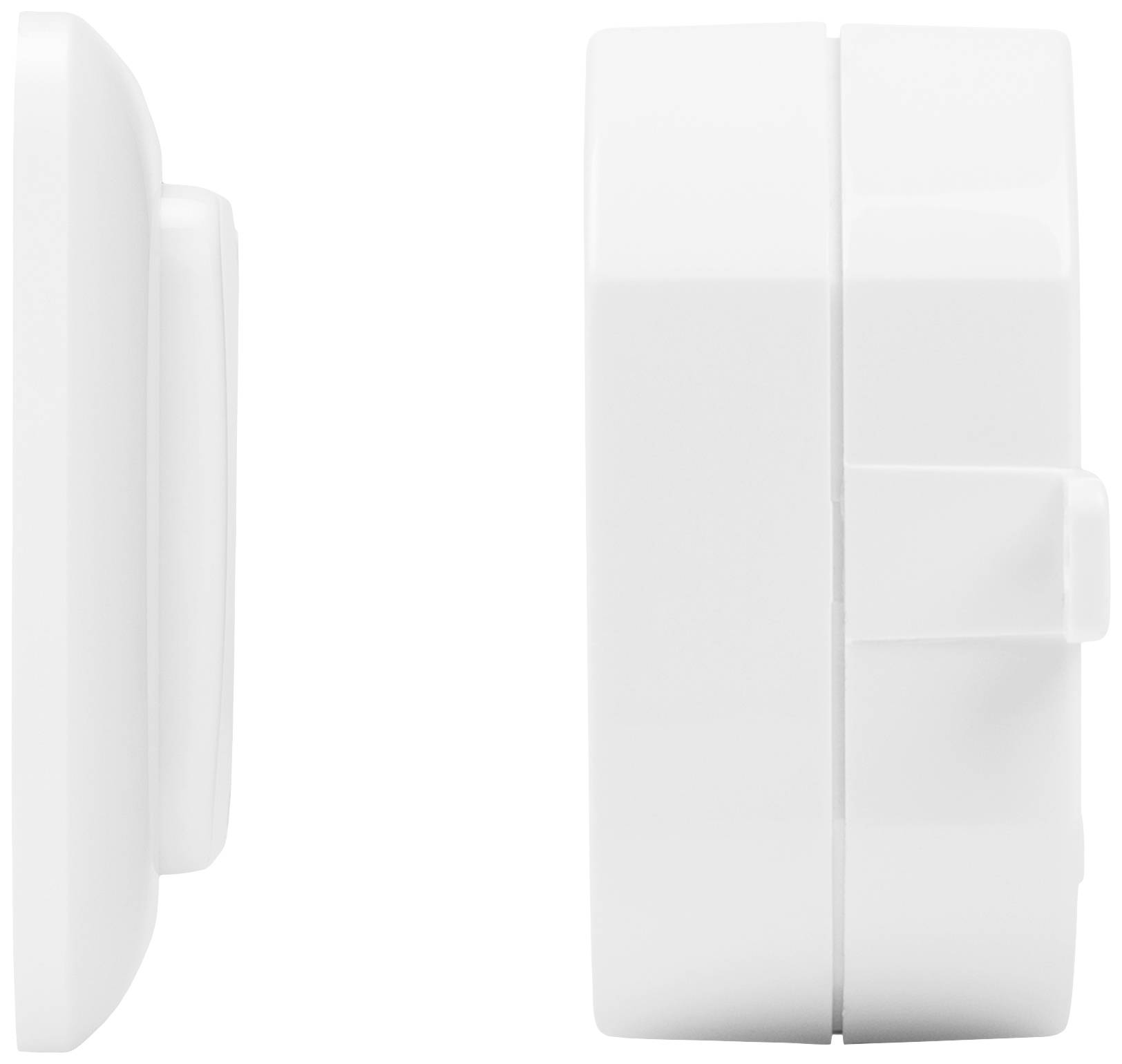 Deux boîtes en plastique blanc, carrées avec des bords arrondis, présentées côte à côte sur un fond blanc.