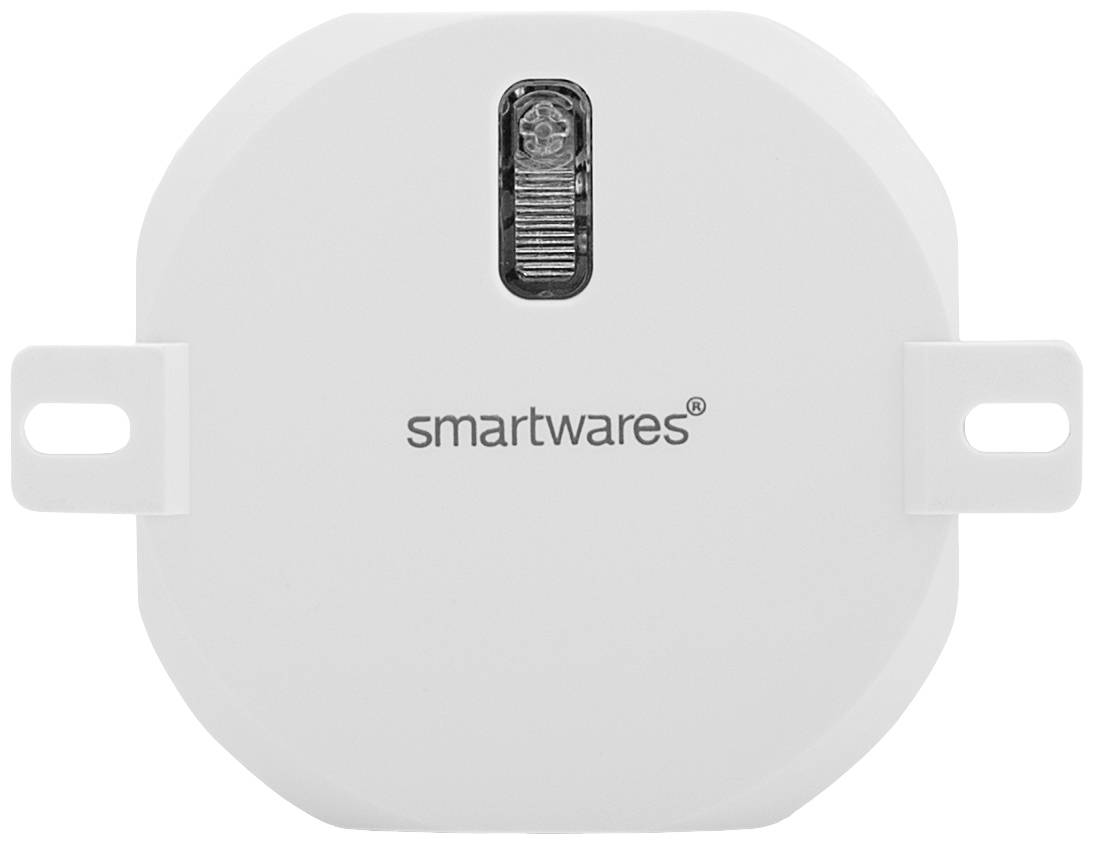 Un appareil blanc portant le logo 'Smartwares' avec un champ de capteur central en haut. L'appareil dispose d'oreilles de fixation latérales.