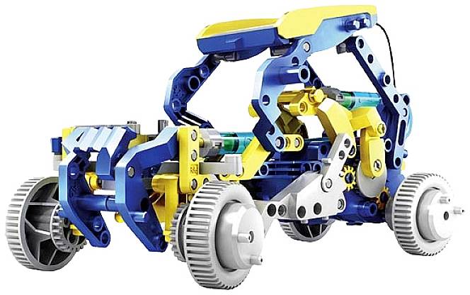 Une voiture miniature composée de pièces colorées et imbriquées les unes dans les autres. Les roues sont grandes et robustes. La voiture semble maniable et fonctionnelle.