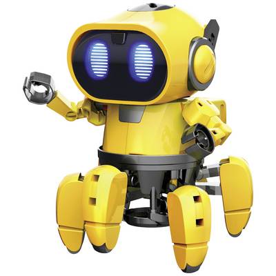 Robot jaune aux yeux bleus, levant une main. Design robotique au premier plan.