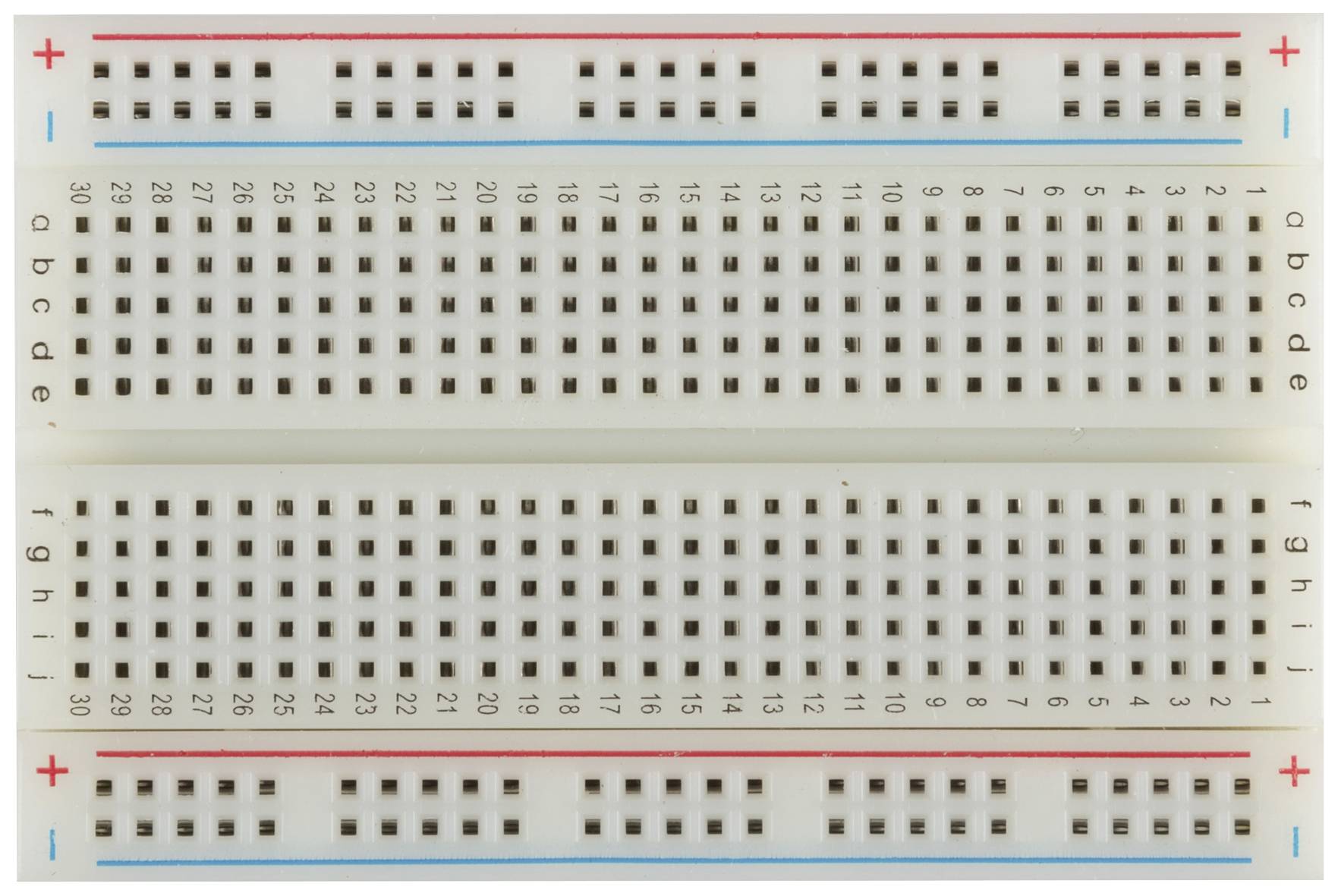 Planche de connexion avec plusieurs points de connexion verticaux et horizontaux, marqués de lignes rouges et bleues indiquant le flux de courant.