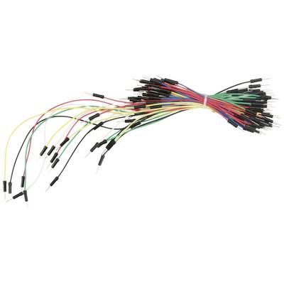 Un ensemble de câbles de jonction multicolores avec des fiches aux deux extrémités. Ils sont regroupés et peuvent être utilisés pour des projets électroniques.