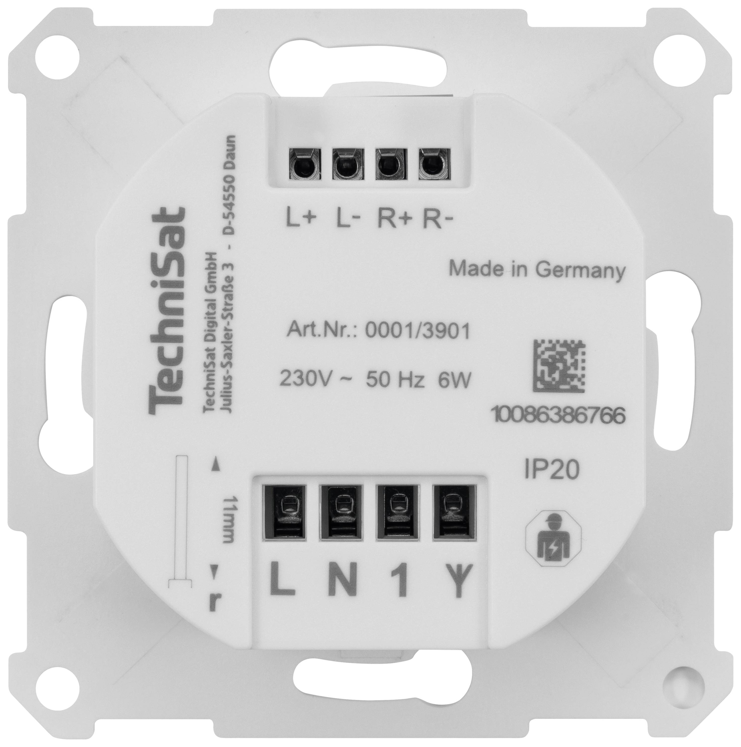 Interrupteur blanc de 'TechniSat' avec connexions et spécifications techniques. Marquage 'Made in Germany'.