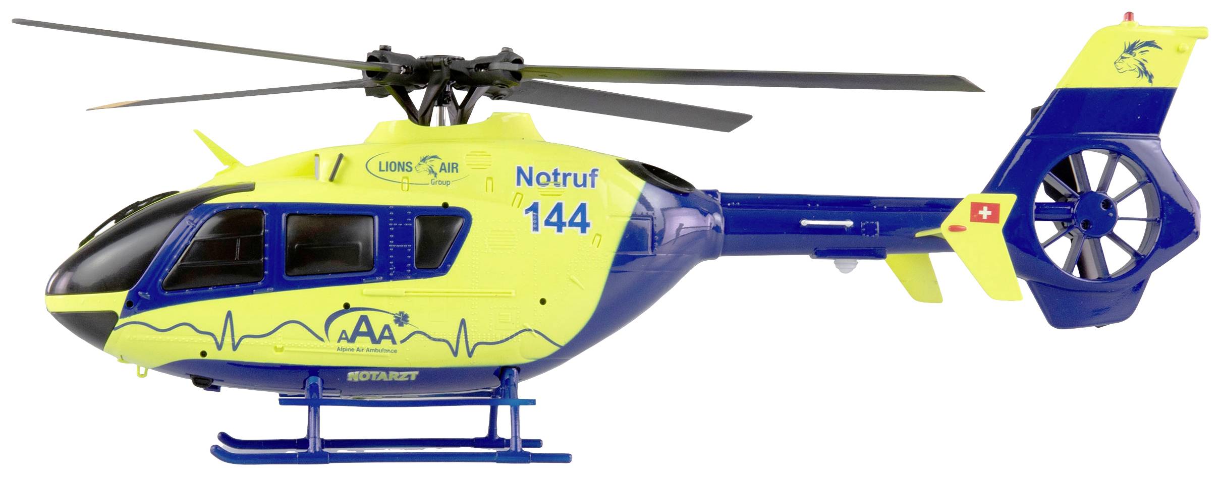 Hélicoptère de secours jaune et bleu portant l'inscription 'Appel d'urgence 144', vu de profil. En lien avec l'aide médicale d'urgence.