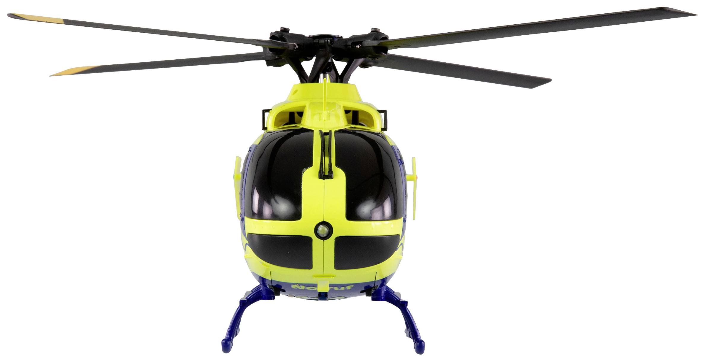 Un hélicoptère jaune et bleu vu de face, en suspension dans les airs. Les pales du rotor sont visibles mais floues en raison du mouvement.