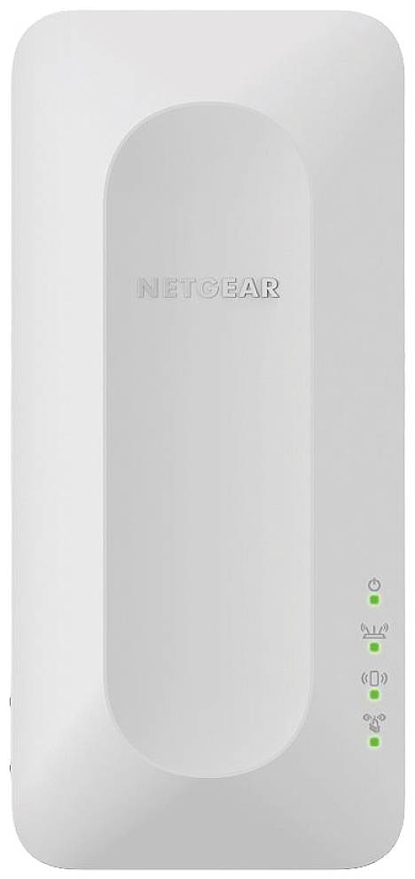 Un point d'accès Wi-Fi Netgear blanc avec des voyants LED pour l'alimentation, le Wi-Fi et la connexion Internet sur le côté droit de la façade.