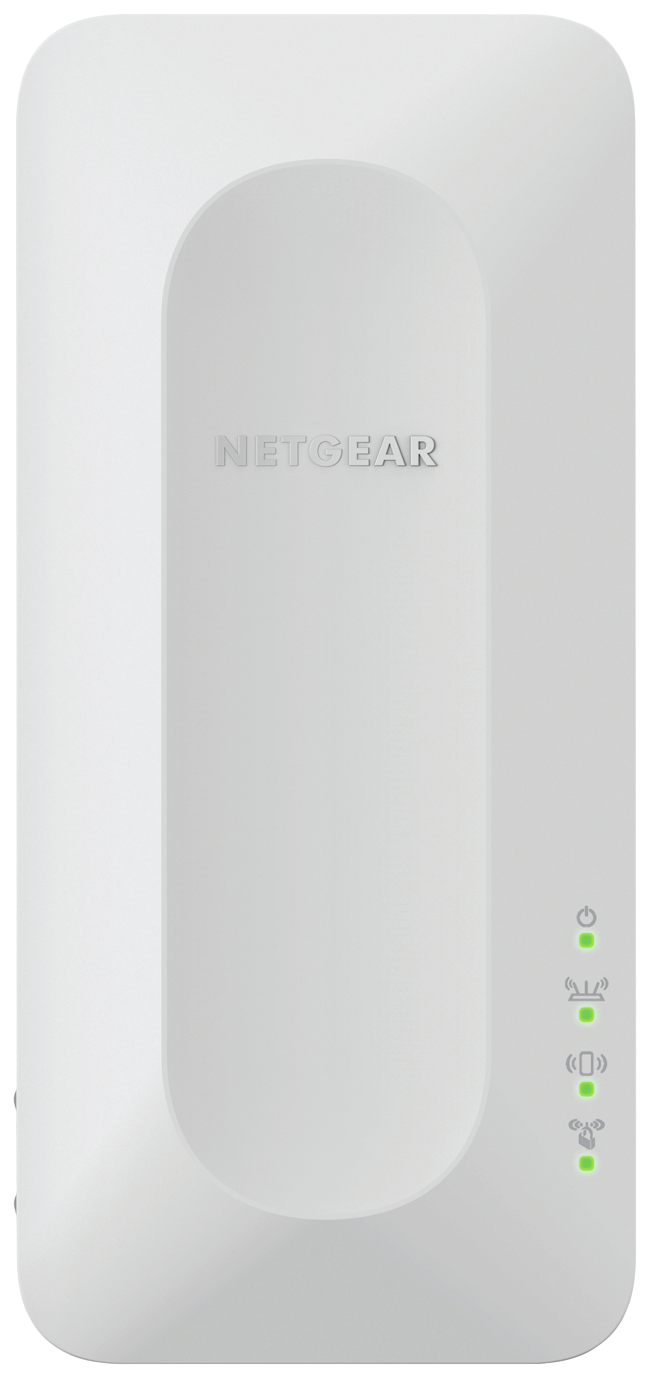 Un répéteur Wi-Fi Netgear blanc avec des témoins lumineux sur les côtés indiquant le statut de fonctionnement.