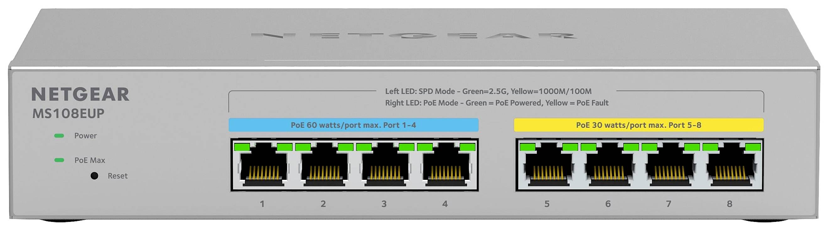 Commutateur réseau avec huit ports Ethernet, indicateurs de statut LED et marquage de marque. Ports PoE pour connecter des appareils.