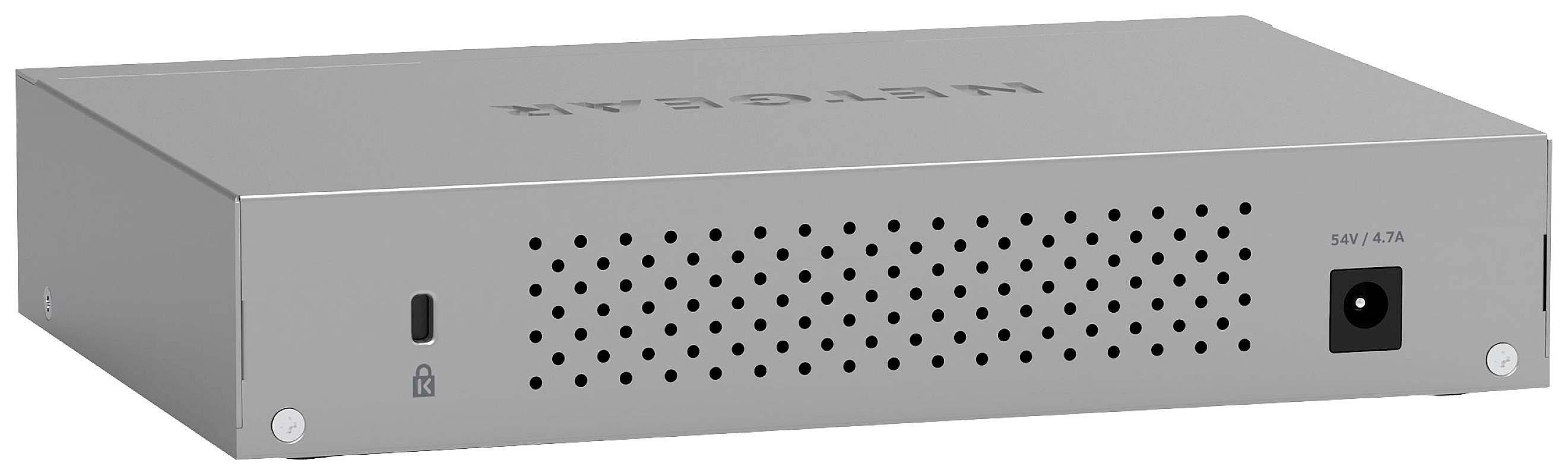 Un commutateur réseau rectangulaire gris avec un motif de trous sur la façade. Les entrées et sorties sont situées à l'arrière.