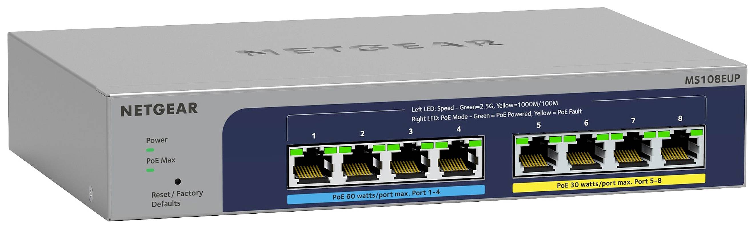 Commutateur réseau NETGEAR avec huit ports Ethernet, voyants LED et étiquettes d'état PoE. Modèle : MS108EUP.