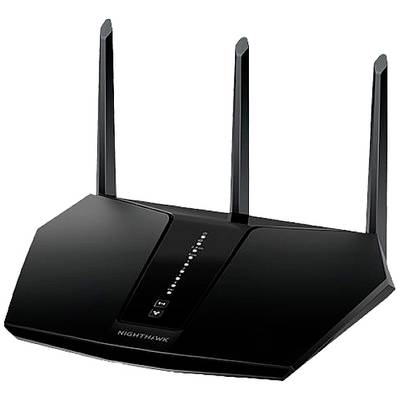 Routeur Wi-Fi noir avec trois antennes. Modèle 'Nighthawk'. L'appareil affiche des voyants de statut et est conçu pour le streaming réseau sans fil.