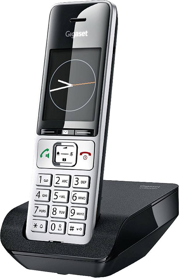 Un téléphone sans fil noir avec une station de base, un écran rétroéclairé et un affichage de l'heure. Les fonctions principales sont la réception et la fin des appels.