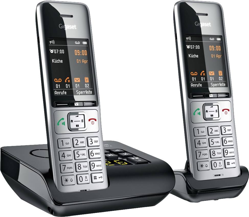 Deux téléphones sans fil noirs avec écran et clavier, posés sur leurs socles de chargement. Affichent la date, l'heure et le mot 'Cuisine'.