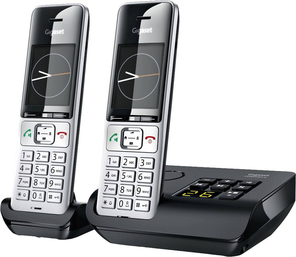 Deux téléphones sans fil sur une station de base. Les téléphones affichent un pavé numérique sur leur écran.