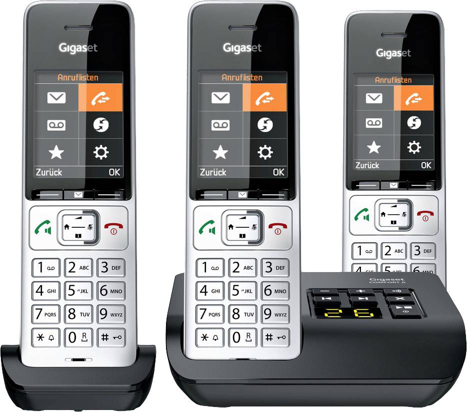 Trois téléphones sans fil Gigaset avec leurs stations de charge. Les écrans affichent des icônes pour les listes, les sonneries et les paramètres.