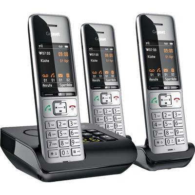 Trois téléphones sans fil avec station de base, affichage de l'heure et de la date, clavier avec touches numériques et icônes d'appel.