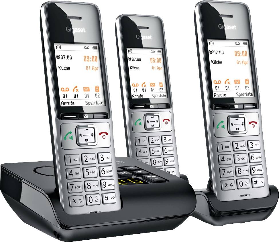Trois téléphones sans fil noirs avec station de base. Les écrans affichent l'heure, la date et les informations d'appel.