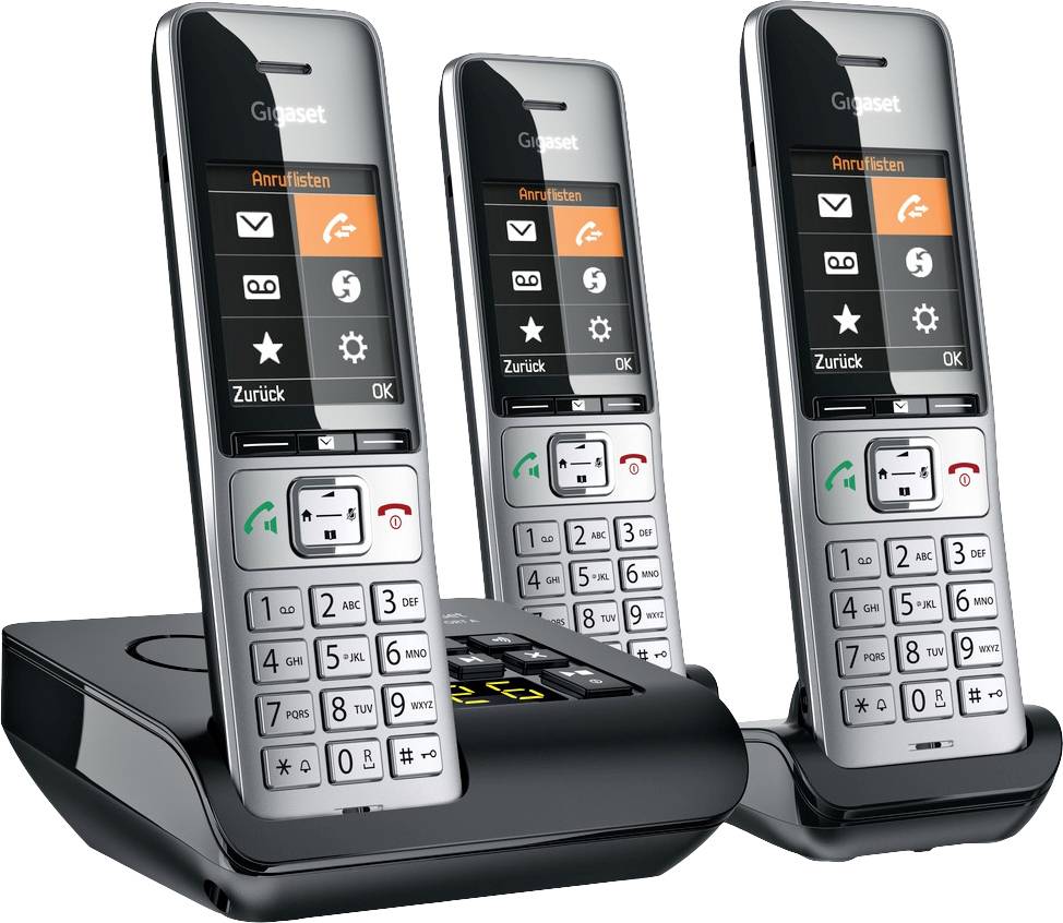 Trois téléphones sans fil sur leur station de charge. Chaque téléphone est équipé d'un écran et d'un clavier, adapté à la communication moderne à la maison ou au bureau.