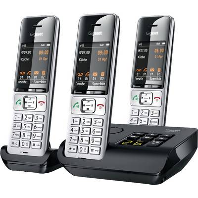 Système téléphonique sans fil avec trois combinés et une station de base. Chaque combiné affiche l'heure, la date et les listes d'appels sur l'écran.